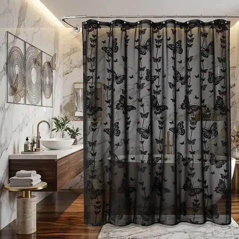 Yrztrk 72x72in Sheer Fabric Shower Curtain, Butterfly Embroidery Flocking Design, Vintage Home Decor, Waterproof Bathroom Accessory, Plastic Hooks for Fast Setup, Soft Diffused Light, Butterfly Edit, Sohochic