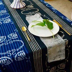 Blackish blue and white Block Print Table Runner - Organic Cotton Fabric Table Linens - Plant Natural Dyed Eco Friendly Gift -  DANYA runner