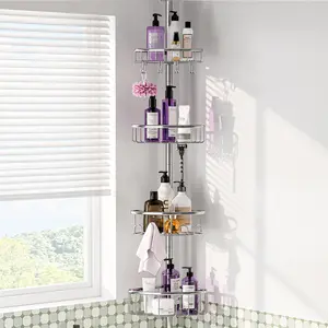 Corner Shower Caddy Tension Pole: Stainless Steel Rustproof 4-Tier Shower Organizer - 47-121 inch Adjustable Bathroom Shelves for Bathtub Shampoo Storage - Tension Rod Floor Standing Bath Rack-Silver