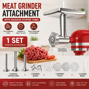 Meat Grinder Attachment Set with Sausage Stuffer Tubes, 4 Grinding Plates, 3 Sausage Stuffers, 2 Grinding Blades, Multifunctional, Compatible with Kenwood Blender