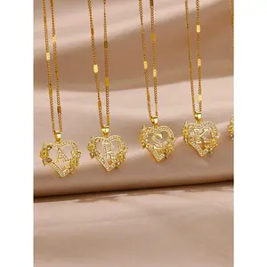 1 Pc Fashion Zirconia Flower Initial Heart Pendant Necklaces For Women Gold Color Stainless Steel Letter Chain Wedding Jewelry Gifts Valentines,Mom,Mother,Mother's Day,Gift