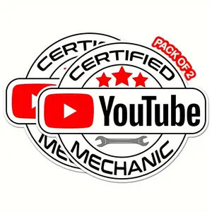 2 Pcs Certified YouTube Mechanic Stickers - Funny Waterproof Vinyl Decals for Cars, Trucks, Toolboxes, Laptops, and Water Bottles | Durable Outdoor/Indoor Car Accessories