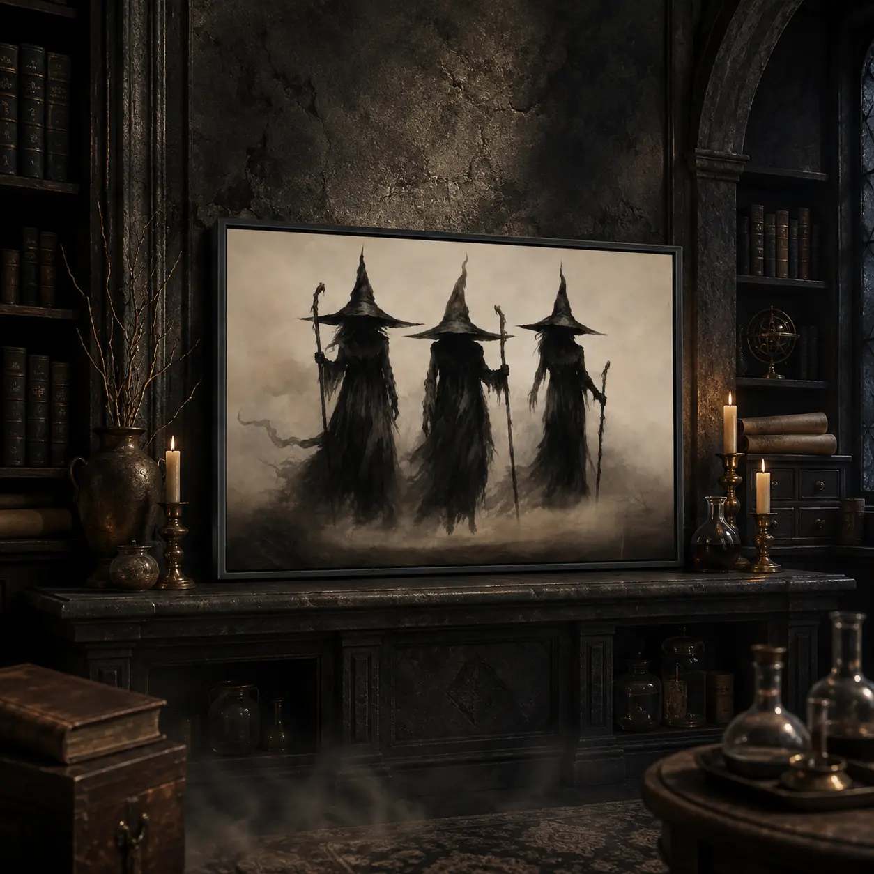 Vintage Dark Gothic 3-Witches Canvas Wall Art Print, Spooky Halloween Aesthetic Decor for Bedroom, Goth Room Gift for Boyfriend