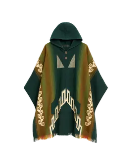 Green Handcrafted Mexican Poncho Traditional Pattern Collection with Hood and Unique Design