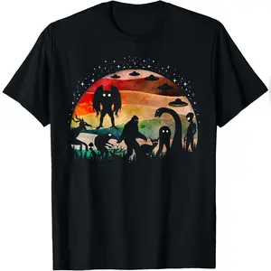Retro Cryptid Funny Bigfoot Mothman and Aliens Cryptozoology T-Shirt Relaxed Fit Cotton T-Shirt