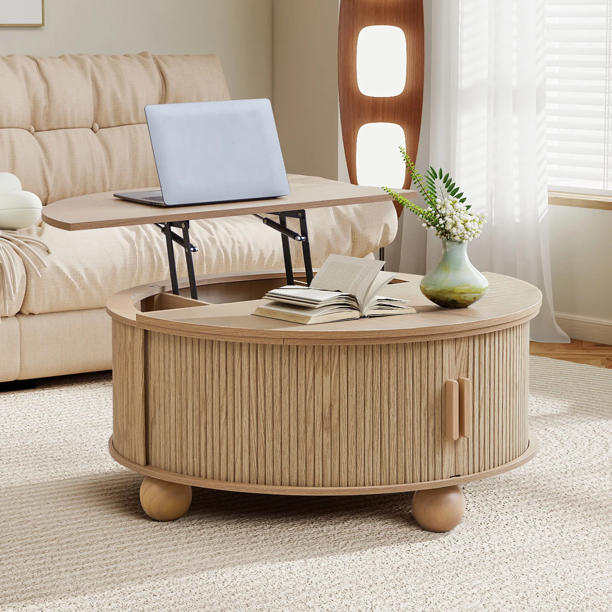 Giratree Round Lift-Top Coffee Table - 33.5" W x 33.5" D x 15.7" H, 16"-21" Adjustable Height, Fluted MDF Wood Drum, Modern Center Table with Storage & Sliding Door, Ball Legs for Living Room Furniture, 33 Lbs