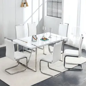 Dining Table Set for 6，White Rectangular MDF Kitchen Table and Leather Dining Chairs Set of 4, 5 Piece Dining Table Set，Modern Metal Frame Dining Room Table Set 4 with Metal Frame For Kitchen