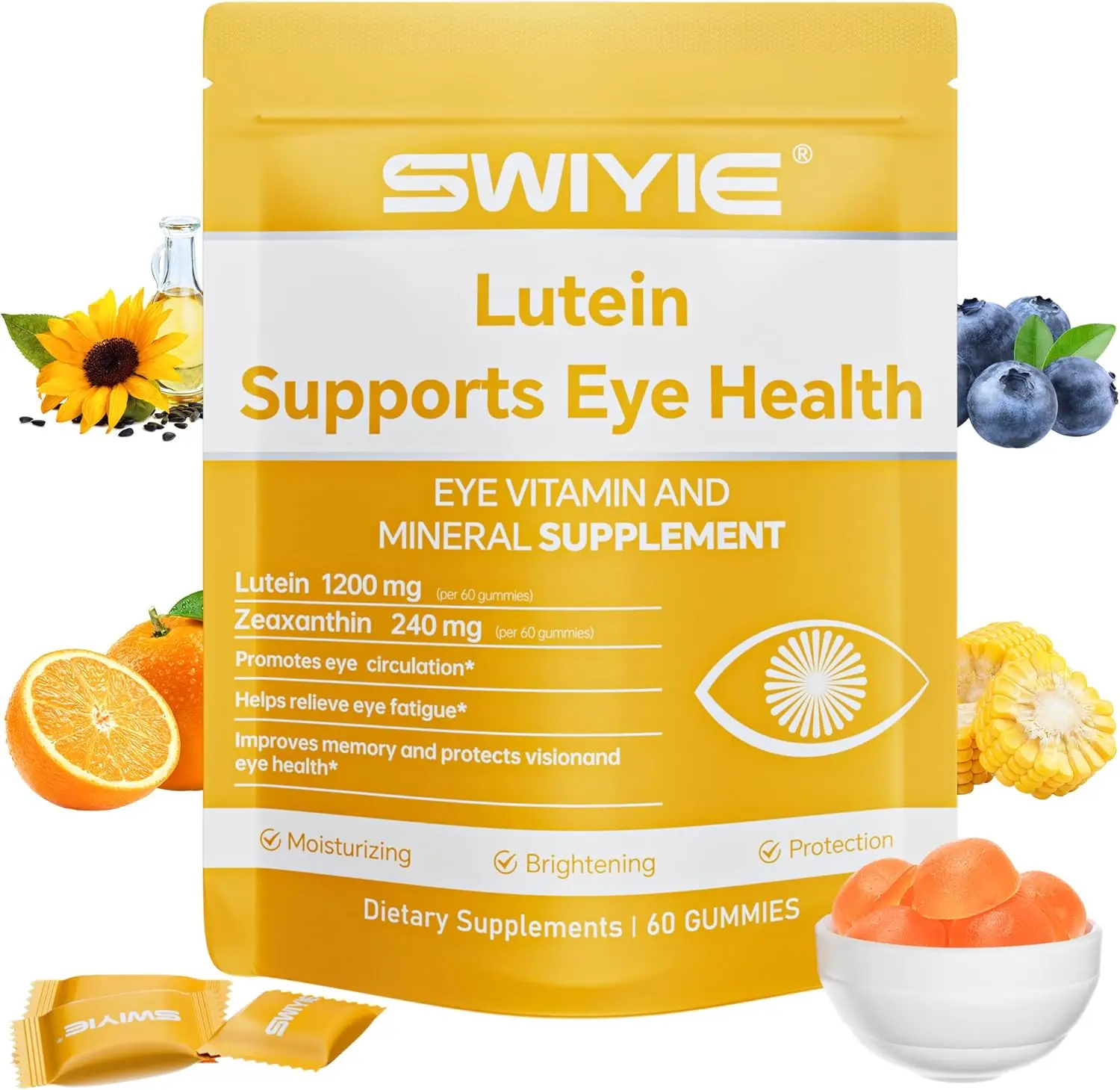 Lutein & Zeaxanthin Edible Eye Care Vitamin Supplement Chewable Blueberry Gummies - 20mg Lutein, 4mg Zeaxanthin, Natural Blend Antioxidant, Natural Fruit Flavor, Non-GMO, No Preservatives, Promotes Eye Clarity, 60 Pieces