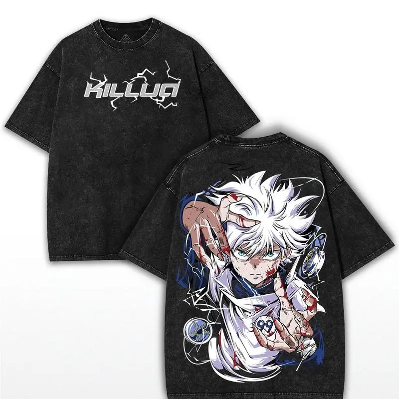 Men's Otaku Style T-Shirt, Oversized Hunter x Hunter Killua Zoldyck Cartoon Graphic, Washed Cotton Double Printed Sportswear Top, Figure, Fitted, Activewear, Short Sleeves Keep Arms Free To Move, Streetwear Attitude With Anime Flair, Tshirt