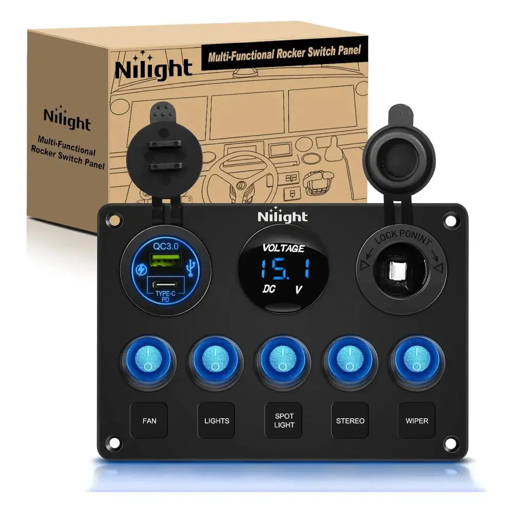 Nilight Pre-Wired 5-Gang Rocker Electronic Switch Panel - PD Type-C Fast Charge Port, 12V/24V DC Volt Monitor, Dual Sockets, DIY Stickers, Short Circuit Protection, Waterproof, Screw-In Mount for Cars, Trucks, Bus