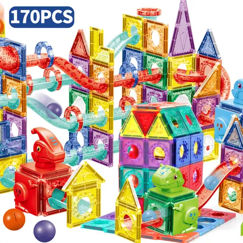 NETNEW Dinosaur Race Track Magnetic Building Tiles - 4D Diamond Cut Sturdy Building Set, STEM Educational Montessori Blocks for Open Ended Creative Play, Learning Fun Gift Ideas for Kids