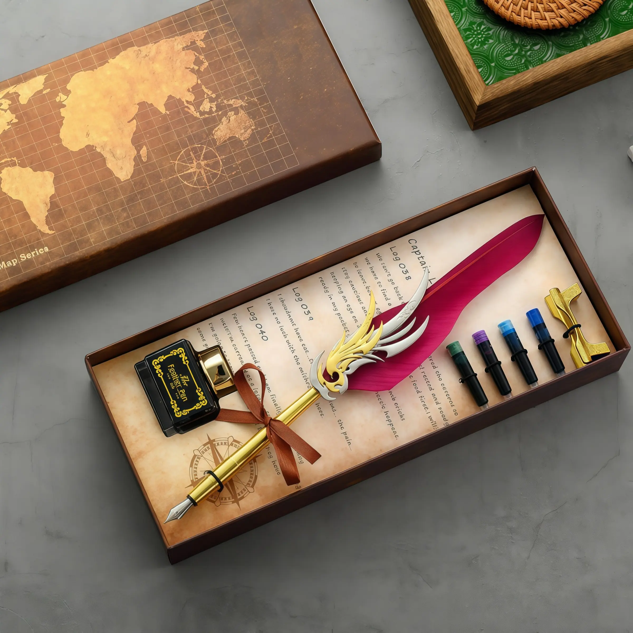 Vintage Feather Dip Pen Set, Carved Nib, Ink Storage Design, Includes Ink & 4 Color Ink Carts, Ideal Gift for Writers and Artists