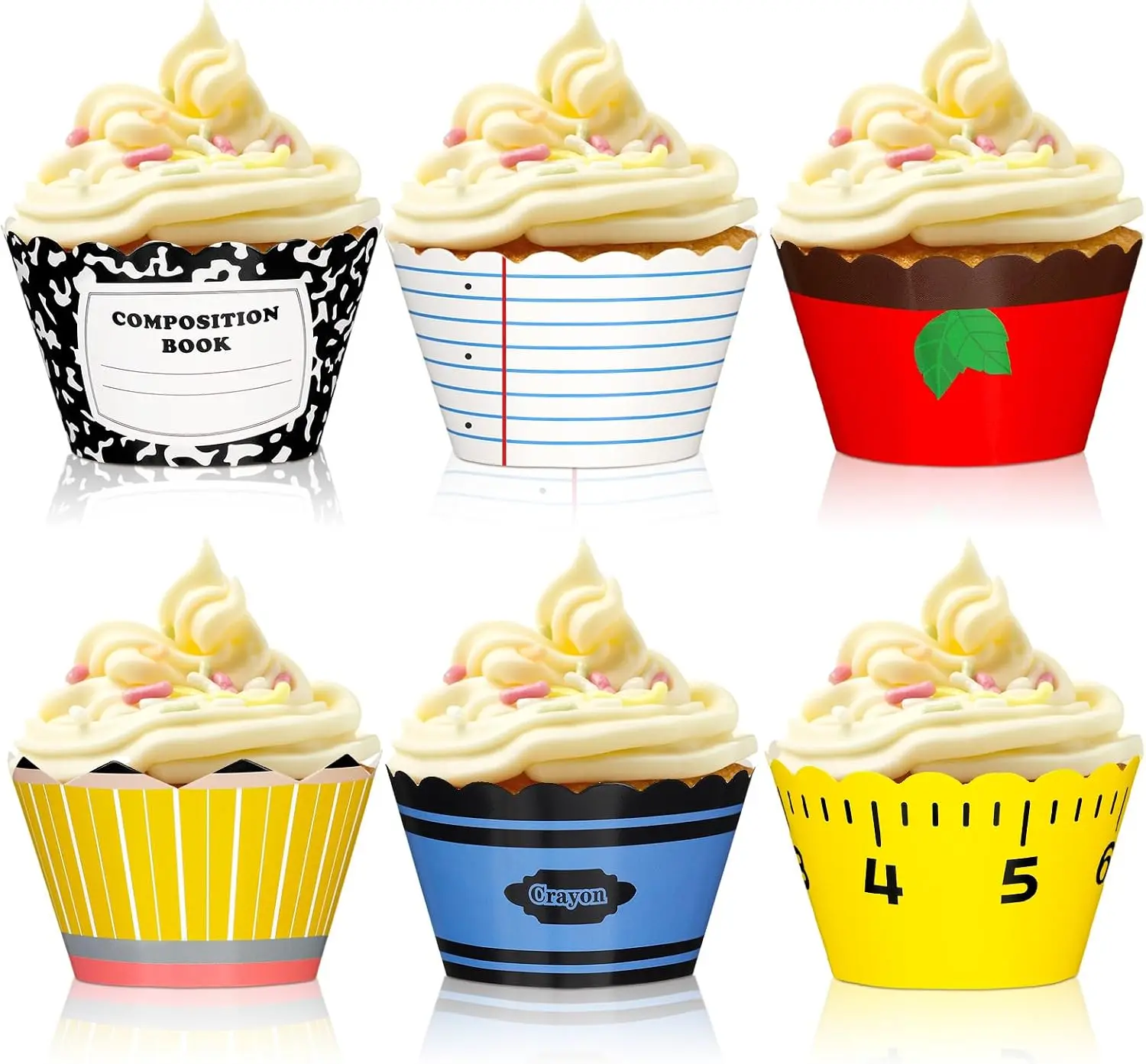 48 Pcs Back to School Cupcake Liners, Pencil, Crayon, Apple & Composition Notebook Cupcake Wrappers, First Day of School Baking Cups, Classroom Party Decorations, Teacher Supplies, School Party Favor Baking Cups