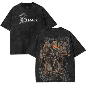 Halo Unisex Fit Washed T-Shirt, Double Printed Unisex Acid Washed Lightweight Cotton T-Shirt, Gift For Game Fan, Streetwear men gifts graphic tees Casual streetwear graphic tee Hoodie Menswear Straight Tops Tshirt Shortsleeve
