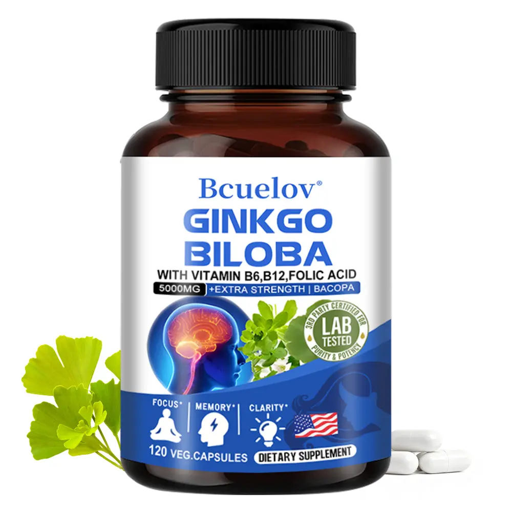Bcuelov Ginkgo Biloba Health Supplement , ​​Supports Brain Focus and Memory, 120 Capsules