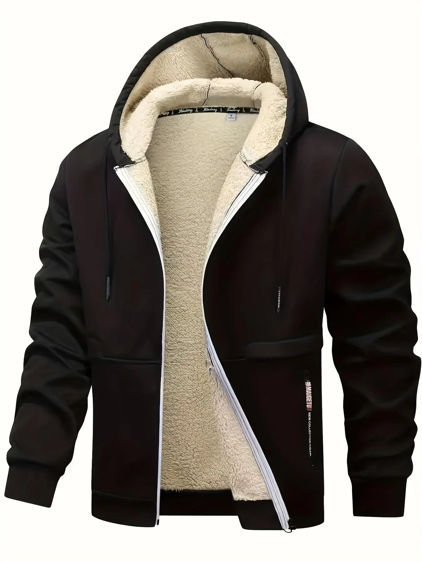 Men's fashionable lined hooded jacket - Warm and comfortable solid color zipper autumn/winter casual polyester fiber jacket with drawstring hooded, cold weather clothing/fashionable hooded jacket/plush lined hooded shirt Coats Soft Menswear Classic