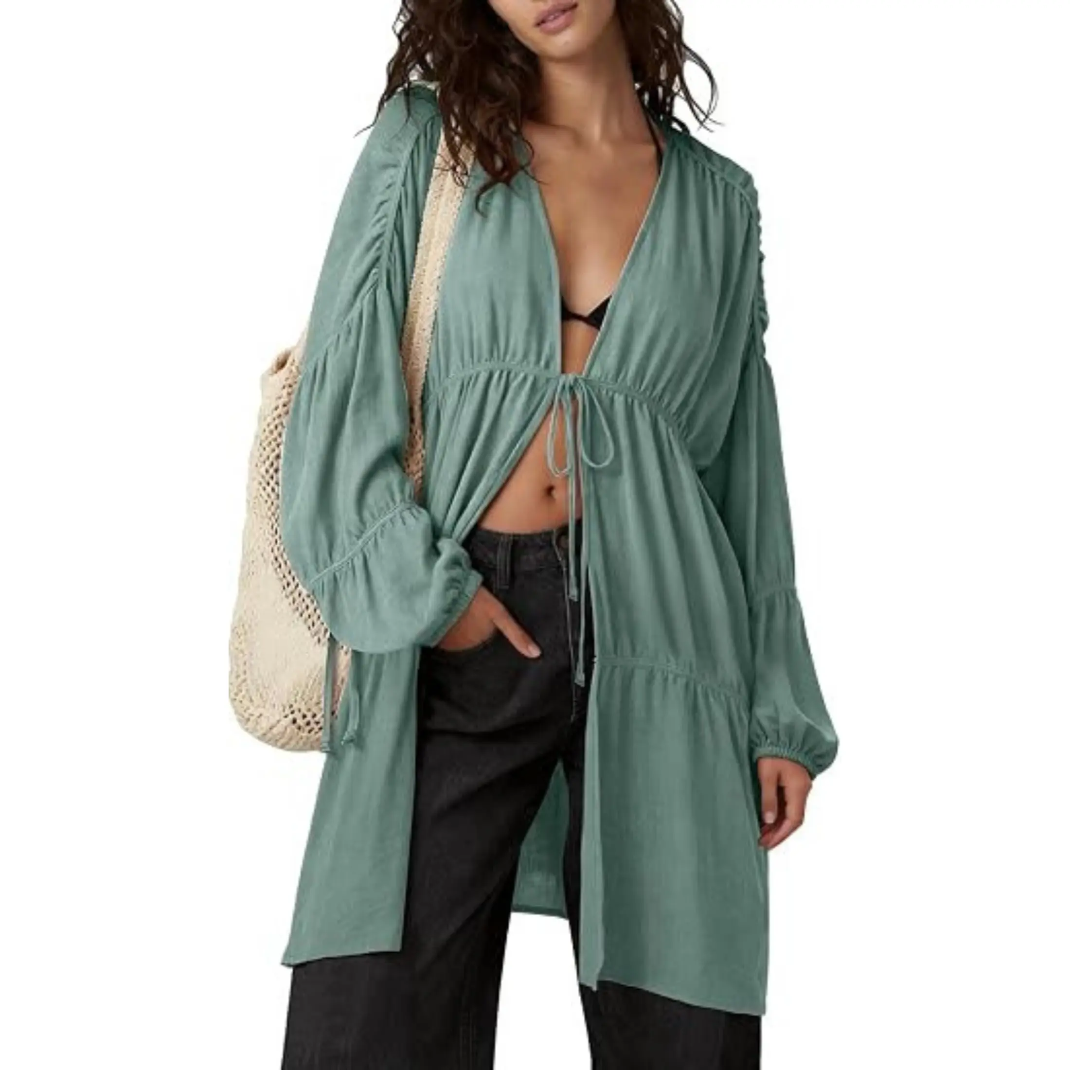 Mibbory Women's One Size Long Boho Cardigan Lightweight Flowy Tie-Front Duster Cover Up Dreamy Ethereal Bohemian Beach Vacation Summer Shrug Outerwear