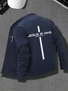 Men's Regular Fit Jesus Print Zip Up Jacket, Casual Comfy Long Sleeve Outerwear for Spring & Fall, Men's Clothes for Daily Wear, Coats