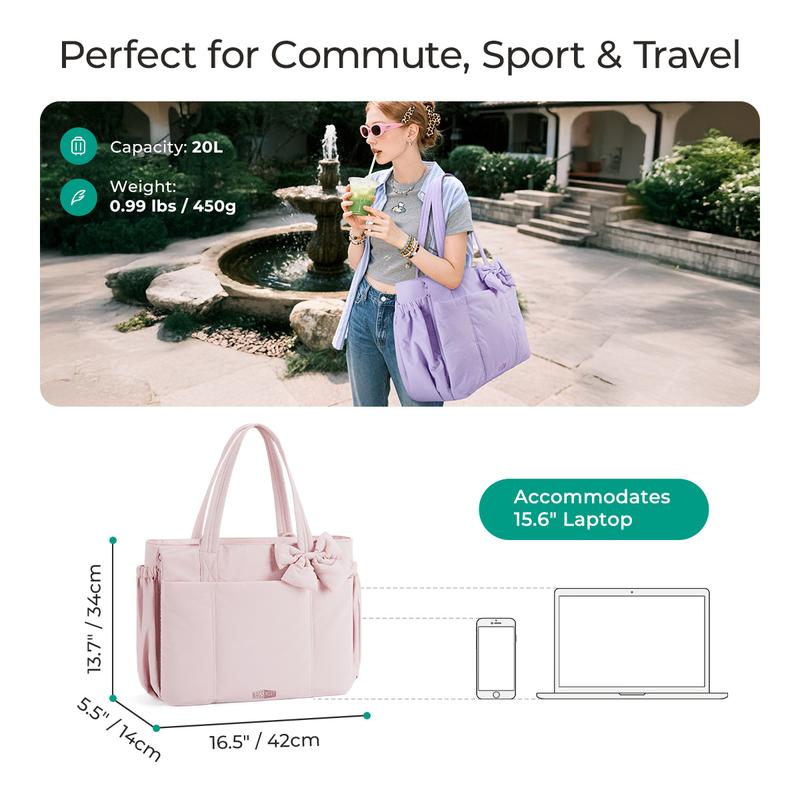 BAGSMART Crush Bow Tote Bag for Women 15.6" Laptop Friendly Lightweight Puffy Handbag with Removable Bow & Multiple Compartments for Travel Work Beach Gym 23L Capacity TikTokShopBlackFriday
