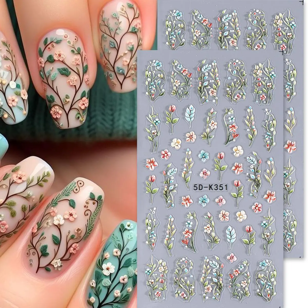 2pcs 5D Flowers Vine Nail Engraved Stickers Acrylic Floral Bouquet Leaves Design Embossed Decal DIY Charm Elegant Manicure Decor