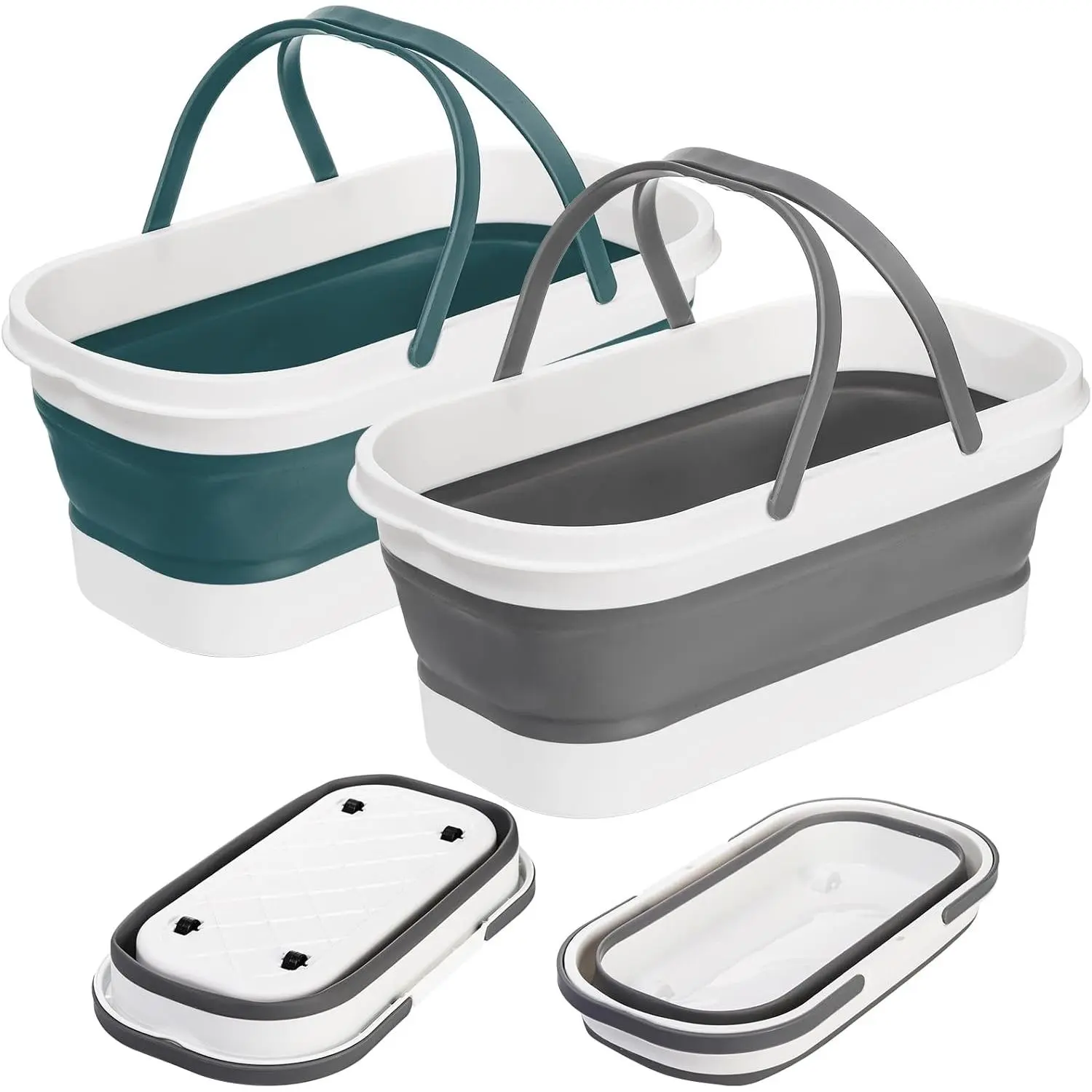 2 Pack Collapsible Plastic Bucket with Wheels 12L (3.17 Gallon) Foldable Rectangular Mop Bucket Portable Water Pail with Handle for House Cleaning Car Washing Fishing Camping Gray & Blue