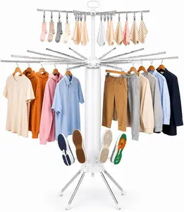 Space Saving Rust-Proof Aluminum Rotating Foldable Portable Clothes Drying Rack, Indoor & Outdoor Laundry Garment Stand with Bonus Lint Roller