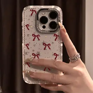 Wine-red bow pattern, transparent rhinestone frame with star design, shockproof, sparkling protective case, compatible with iPhone 17, 16, 15, 14, 13, 12 and other models. Makes a great gift for friends or family.