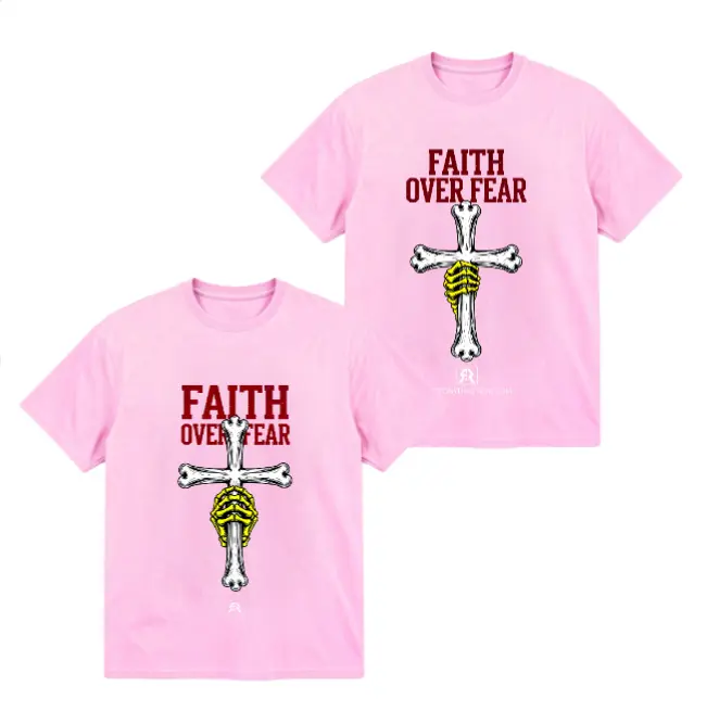 Men's Unisex Short-Sleeve Christian T-Shirt - Skeleton Hand Cross Graphic, Vintage Aesthetic, Blush Pink, Casual Streetwear, Street Style, Lightweight Comfy, Faith Over Fear Bible Tee (Pair with Joggers Bottom) Easter, Denim, Day