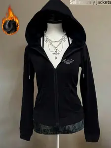 New heavyweight fleece integrated fleece, subculture y2k Gothic style print, black hooded zipper sweatshirt jacket, American retro top