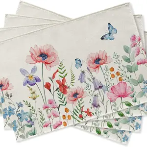 2D flat printing, 2-piece/4-piece/6-piece/8-piece set of flower placemats, Floral Pattern Placemat, watercolor pink flower butterfly table placemats, home kitchen decoration, summer seasonal rural farmhouse decoration