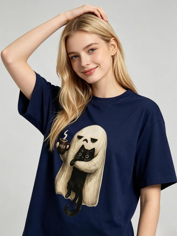 Women's Oversized Casual Comfortable Cotton T-Shirt - Halloween Ghost Black Cat Graphic, Short Sleeve Crew Neck Fit Top