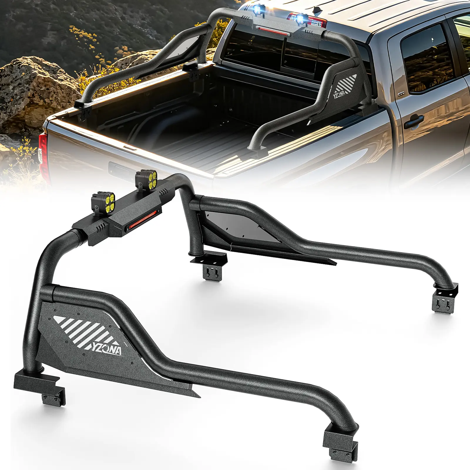 Yzona Carbon Steel Sport Roll Bar Bed Chase Rack Car Accessory for Pickup Trucks, 56"-65" Adjustable, Bolt-On Install, LED & Brake Light Bar for Enhanced Visibility, Fits Silverado/Sierra 1500, Tundra, Titan, Gladiator, Frontier, F-150