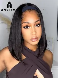 Band-Style Bob Wig, Short Straight Hair, High-Quality Human Hair, Easy to Wear, Super Double Volume, Women's Fashion Accessory