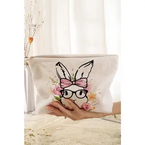 White Easter Bunny Print Corduroy Makeup Storage Bag