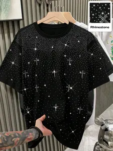 Men's Casual Loose Fit Short Sleeve T-Shirt, Shiny Rhinestone Decor, Oversized Design, Street Style, Perfect for Commuting and Daily Wear