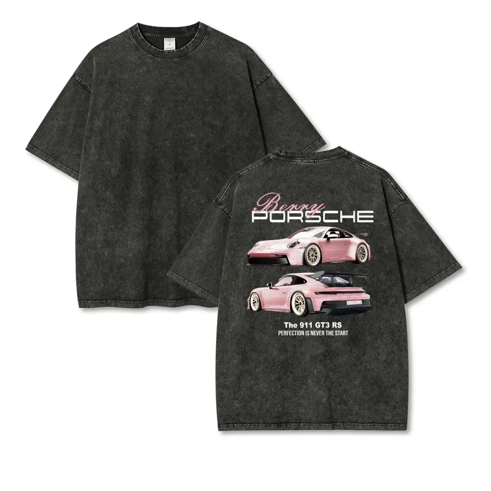 Men Women Vintage Washed Porsche 911 GT3 RS Oversized Tshirt, Two Pink Supercars Back Print Streetwear Graphic Tee, Ideal Gift For Car Enthusiast & Racing Lovers