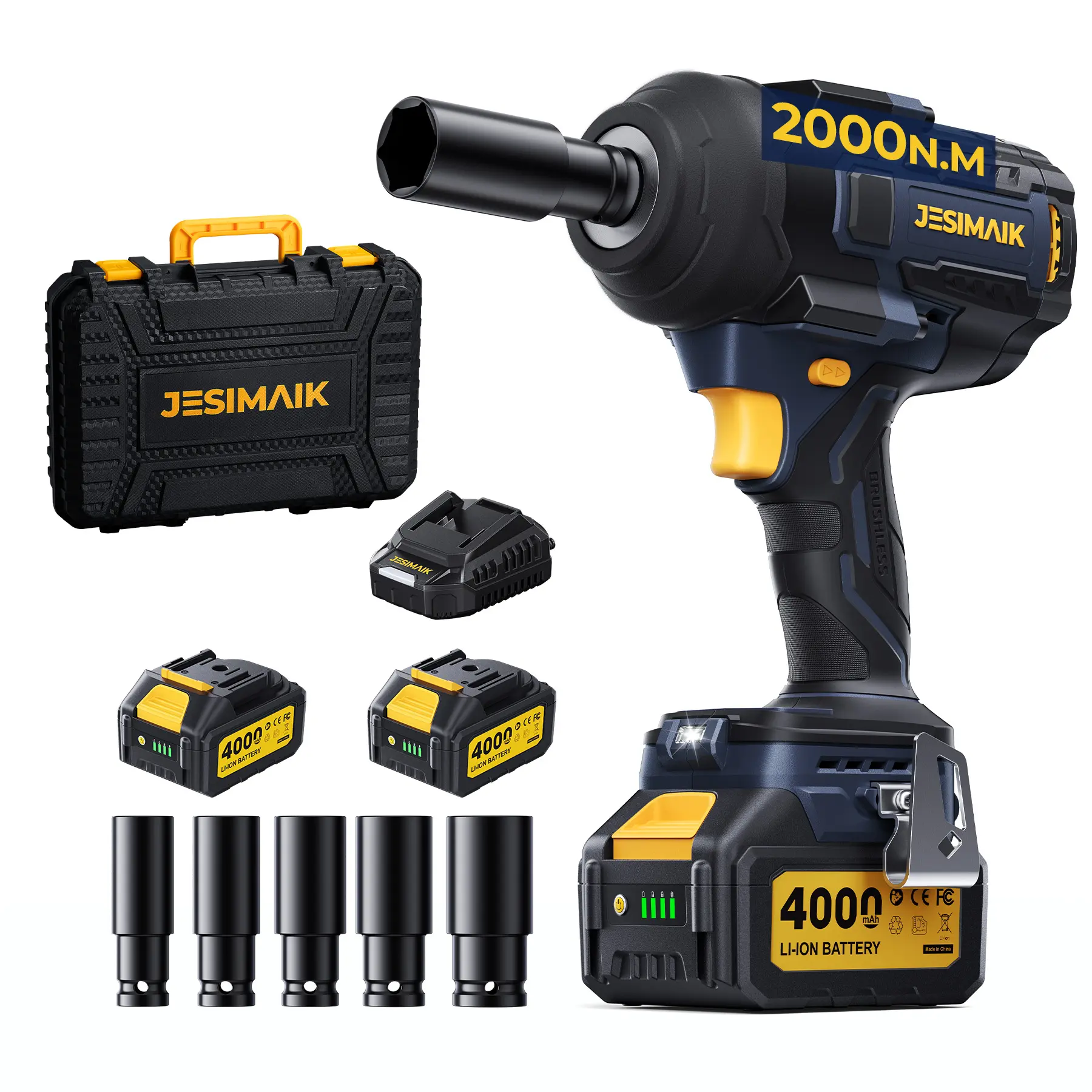 Cordless Impact Wrench 2000-1200N.M High Torque 1/2" Brushless Impact Gun 21V Electric Impact Wrench with 2×4.0Ah Batteries 4 Impact Modes 5 Sockets for Truck RV Car & Heavy Duty