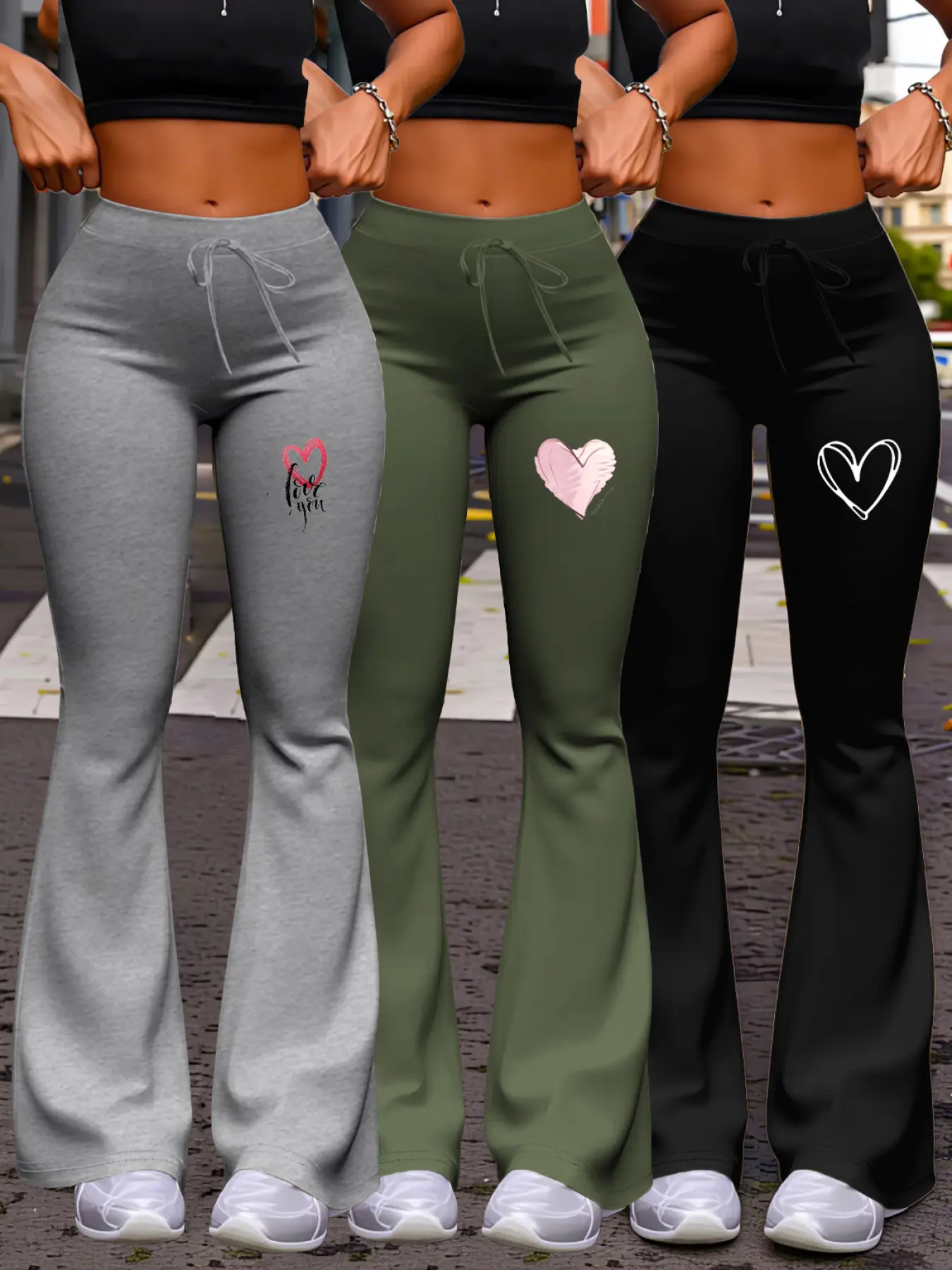 3-Piece Set Fashionable Women's Pants Set Hand-painted Graffiti Heart Hollow-out Line Heart Sweet Cool Style High-waisted Fitted Drawstring Slight Flare Pants le for Daily Casual Wear Women's Set Womenswear Clothes Clothing Set