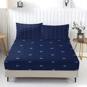 Blue Themed Cute Print Fitted Sheet Set, 1 Fitted Sheet with 2 Pillowcases, Multi-Pattern Bedding (Bows, Hearts, Stars) for Bedroom, Dorm & Guest Room, Decor for Adults
