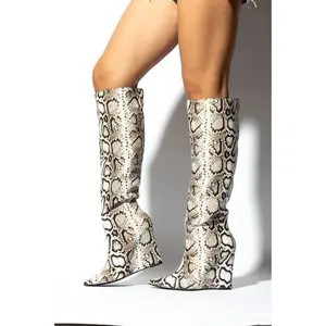 Fierce Snakeskin Print Wedge Knee-High Boots