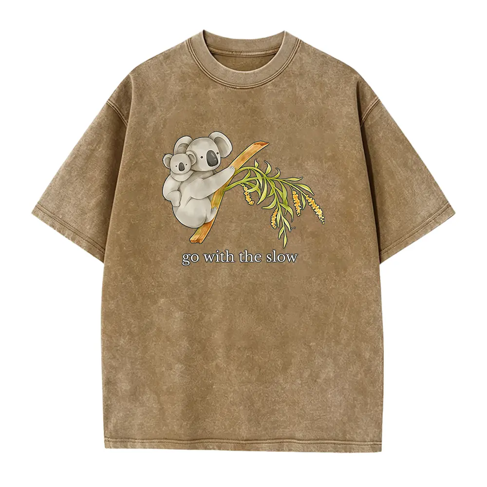 Men's 'Go With The Slow' Koala Graphic Tshirt in 100% Soft Cotton, Casual Round Neck with a Lightweight Fitted Cut, Graphic Print, Pure Cotton