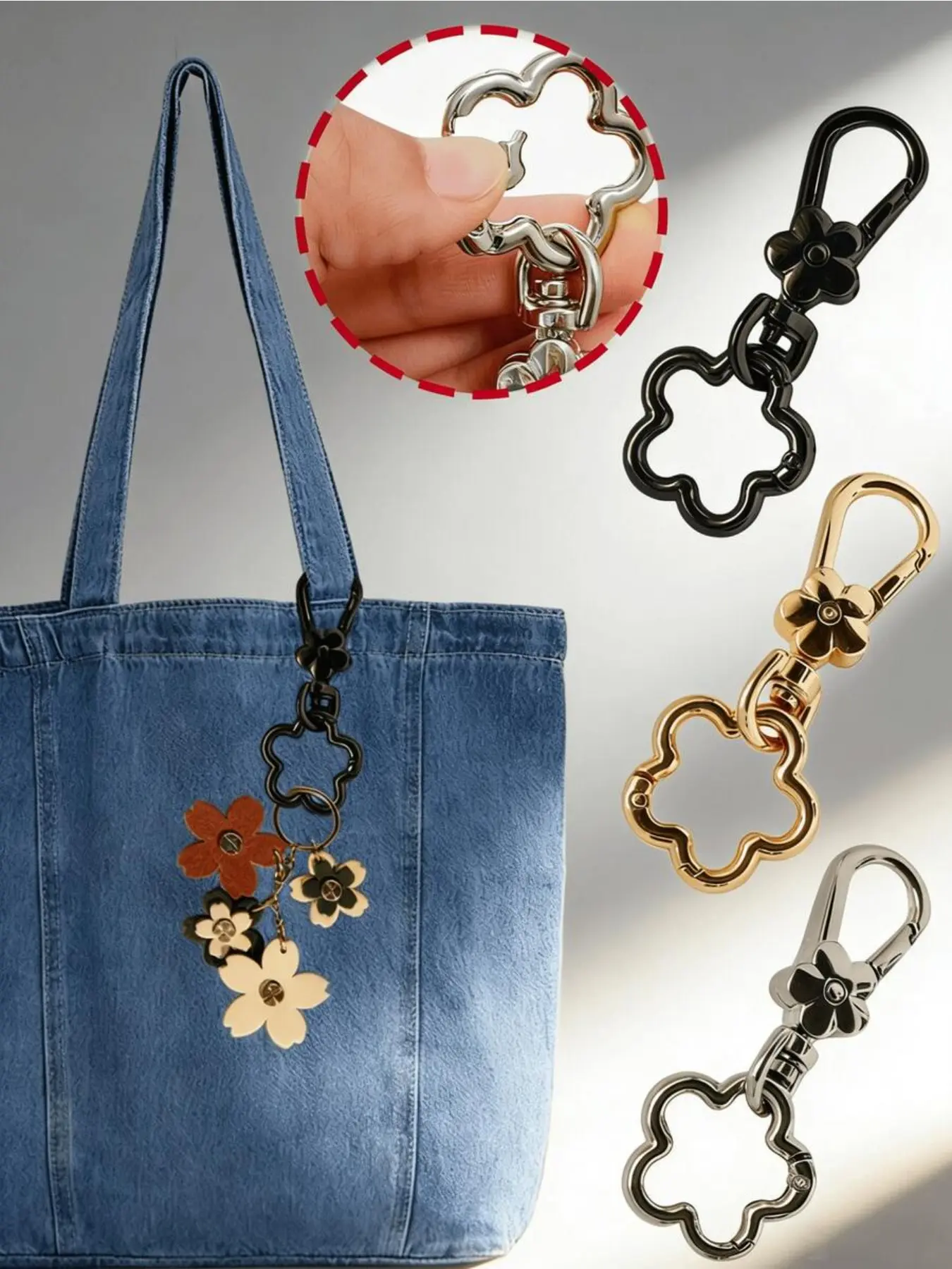 Double-Open Rotating Metal Spring Clip Keychain Ring, Flower Alloy Lobster Clasp, DIY Craft Supplies, //silver