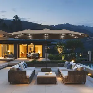 15ft Triple-Size Patio Umbrella w/Base - XL Double-Sided Market Umbrella - Twin-Size Parasol w/Crank, 12 Ribs & Vent