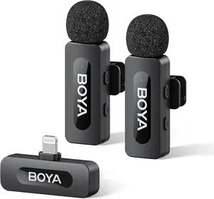BOYA by-V2 Wireless Microphones for iPhone iPad with MFi Certified Lightning Port, 328ft Range, 9H Battery Life, Noise Reduction Mini Mic Clip on Lapel Microphone Wireless for Video Recroding