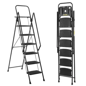 6-Level Foldable Steel Ladder, Pre-Assembled Lightweight Design, Non-Slip Pedals, Tool Trays, Tool Access for Home Kitchen Indoor/Outdoor Use