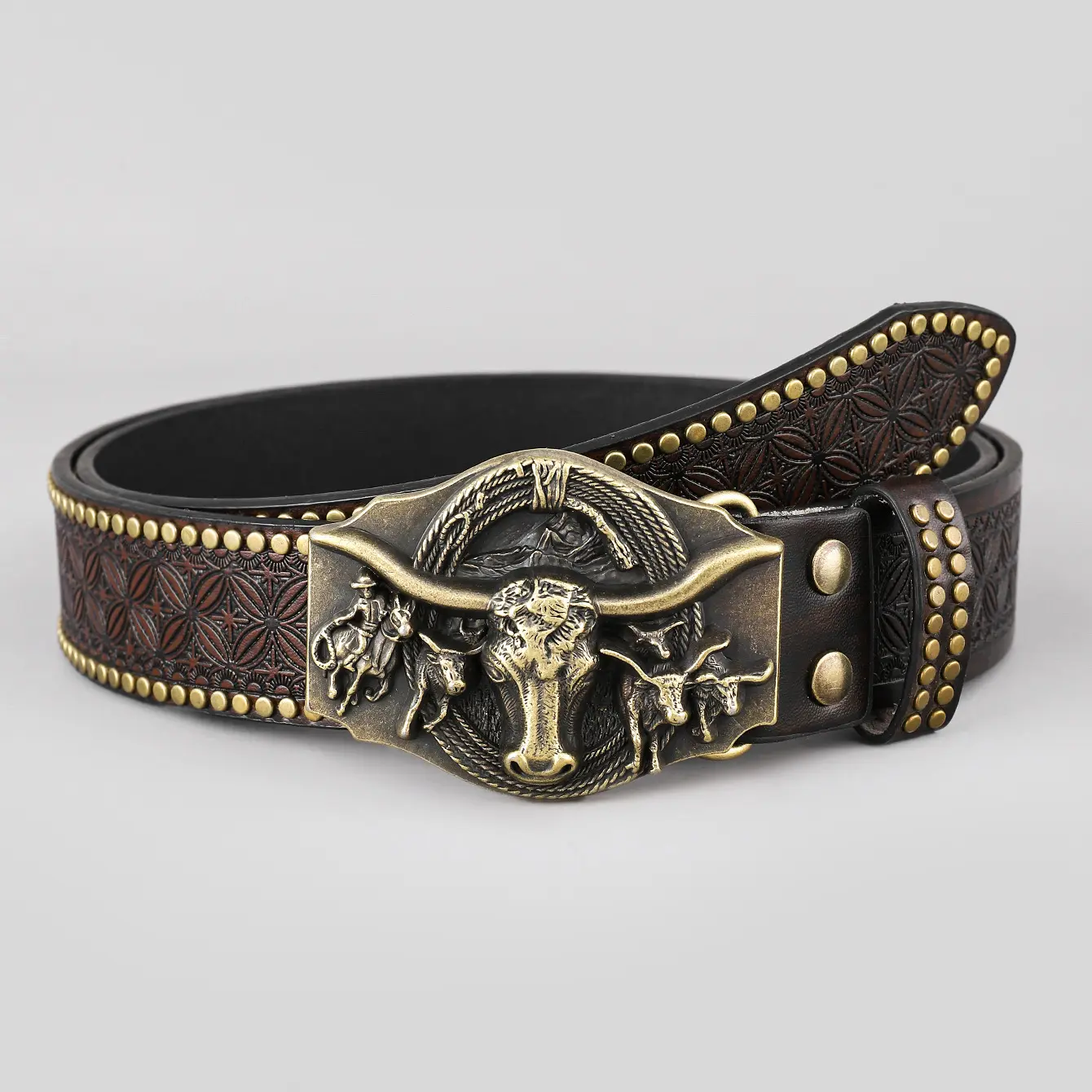 VINTAGE GAP Brown Leather Belt with Silver Accents Studded Western Bull Design 1 1/2 main image 3