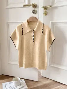 Women's Lapel Colorblock Button Short Sleeve Knit Pullover Top, Elegant for Commute, Spring Summer Fashion, Casual Wear