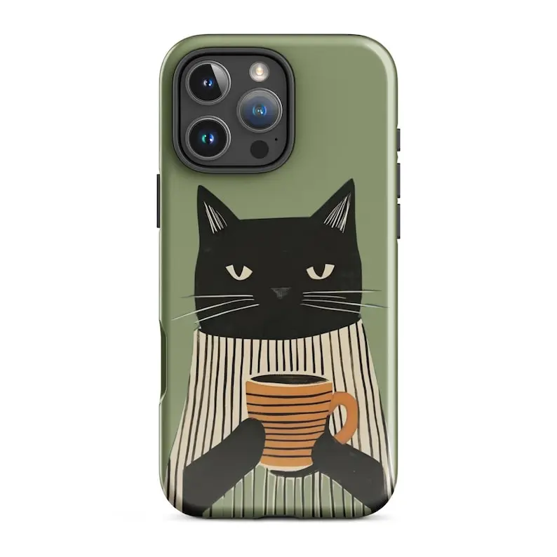 MORNING MOOD Phone Case, Artsy Black Cat Design, Compatible with iPhone 17 Pro Max, 16, 15, 14, 13, Mini