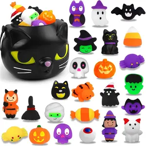 24PCS Halloween Mochi Squishy Toys with Black Cauldron,Kawaii Squishies Mini Stress Relief Toys for Halloween Party Favors Goodie Bag Stuffers for Kids Boys Girls