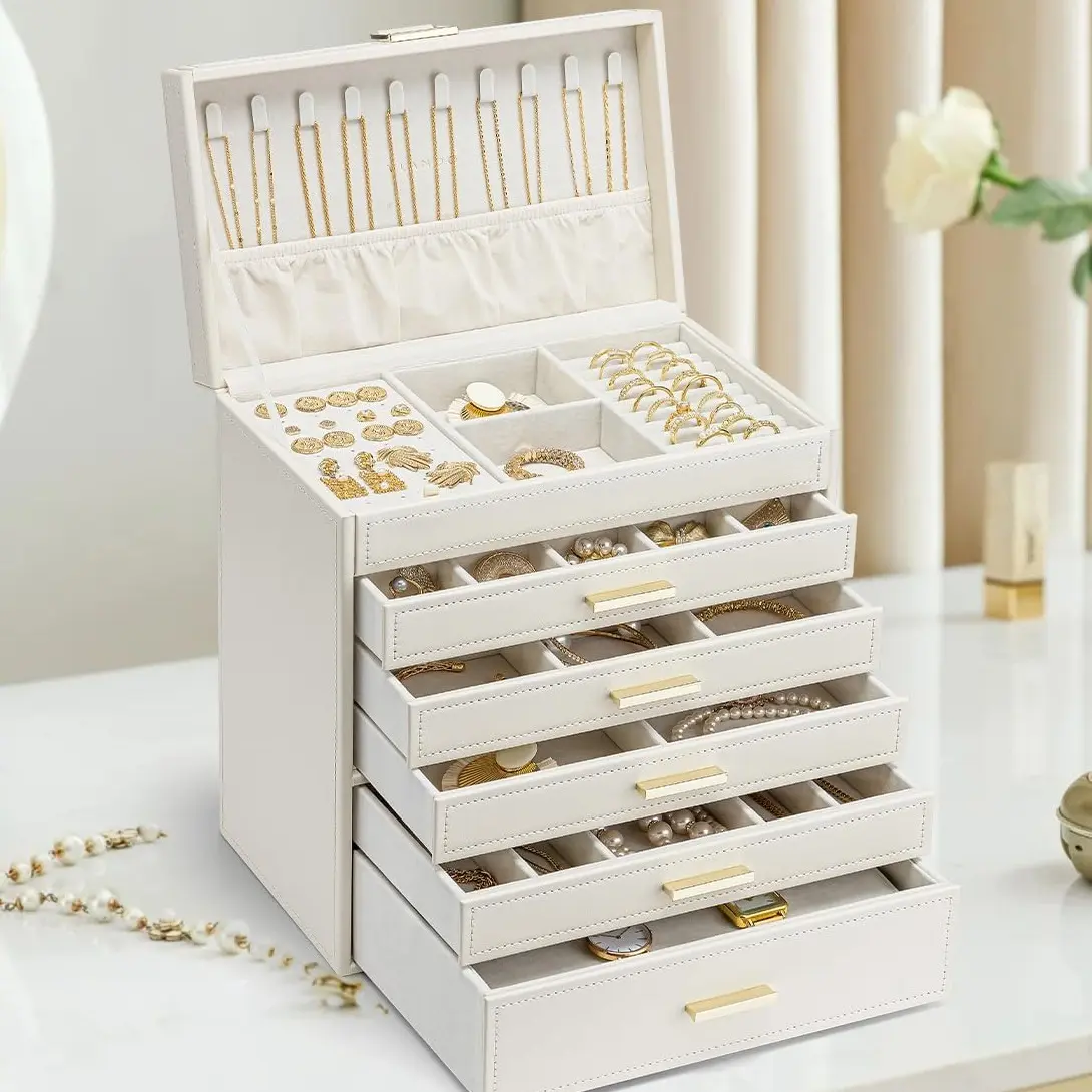 VLANDO Cream White 6-Layer Rectangle Classic Compartmented Jewelry Storage Unit - Eco-Friendly Waterproof Home Organizer Box for Dresser, Wardrobe, Drawer Organization, Universal Christmas Gift